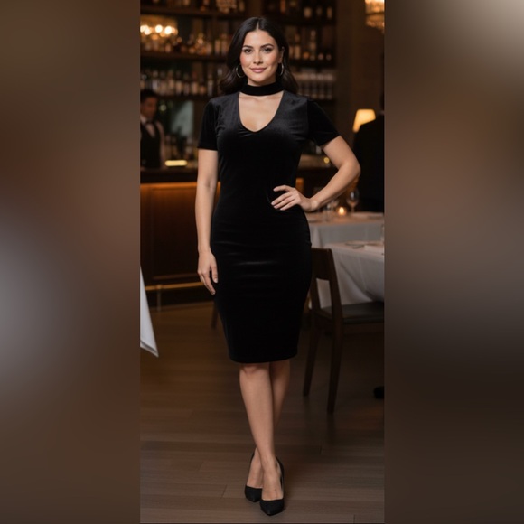 4/25$ Black Bodycon Midi Dress with V-Neck - Picture 7 of 7